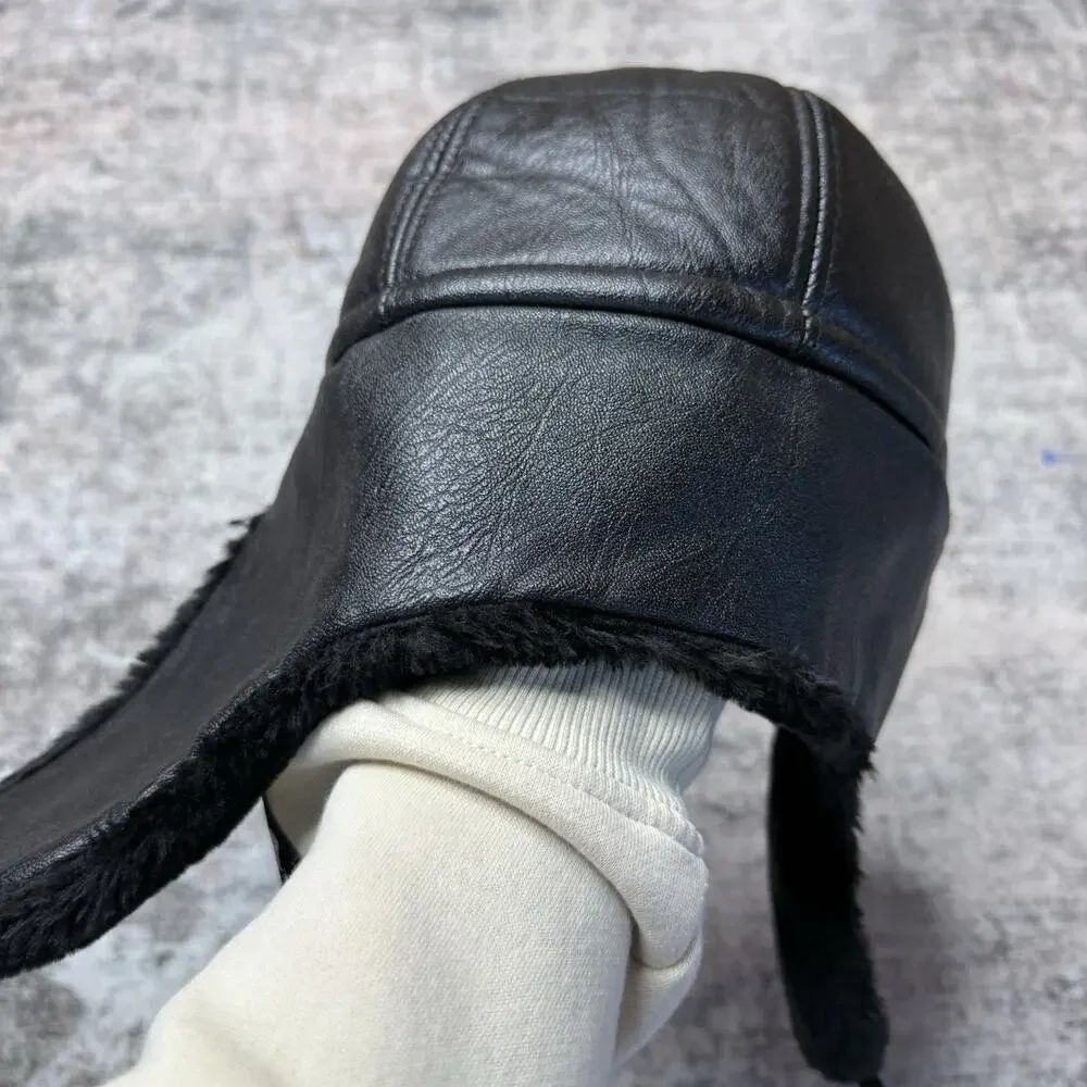 Faux Leather Faux Fur Trapper Aviator Hat Black Warm Winter Hat with Ear Flaps